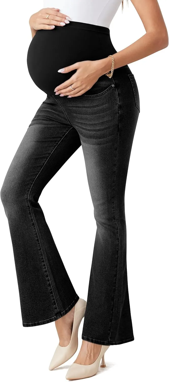 BISUAL Maternity Jeans Over The Belly Slim Stretch Flare Maternity Pants Casual Belly Bell Bottoms Maternity Work Pants