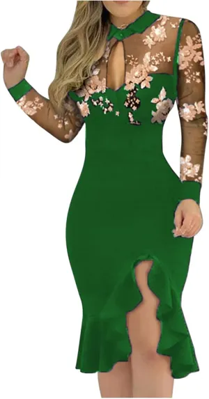 Black Dresses for Women Slit Ruffles Hem Floral Pattern Party Dress Woman Slimming Lace Long Sleeve Bodycon Dress,
