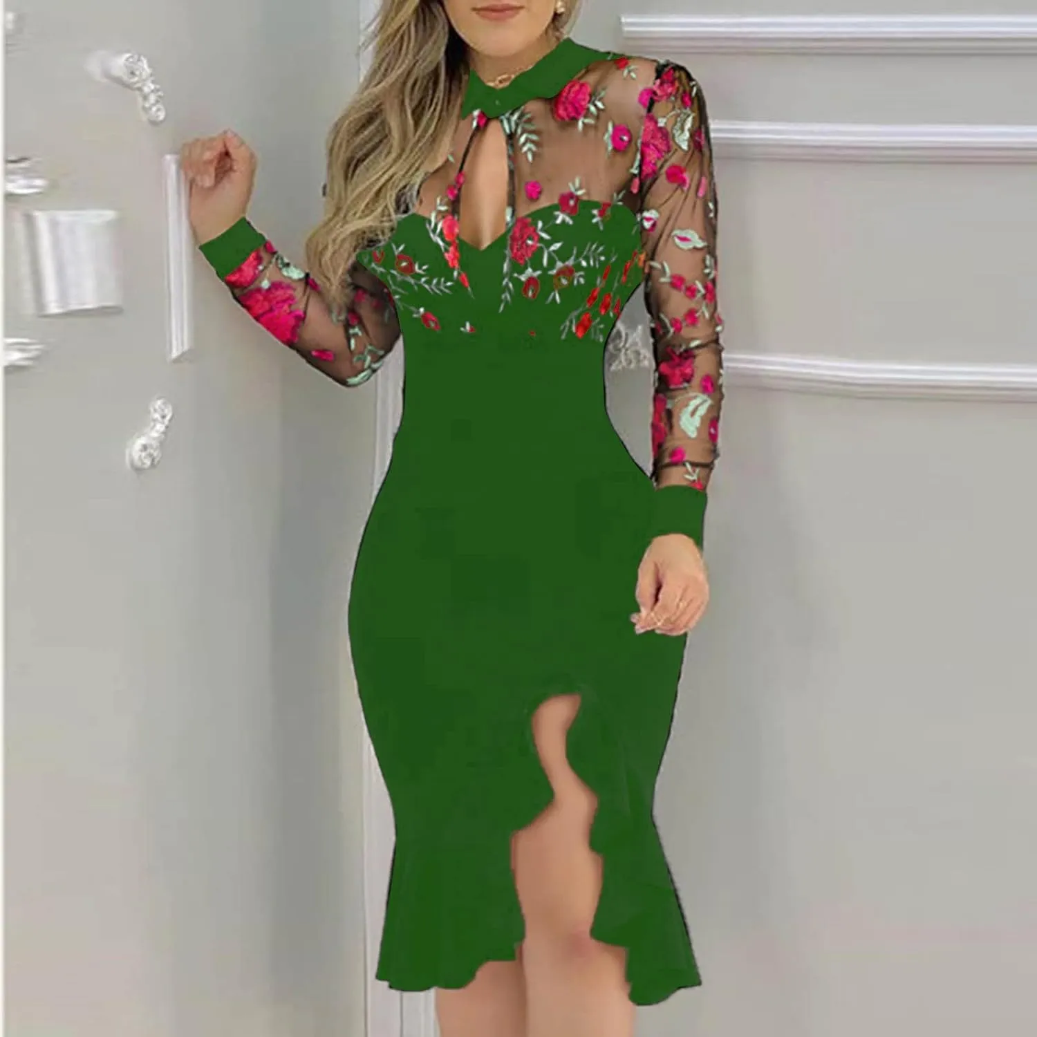 Black Dresses for Women Slit Ruffles Hem Floral Pattern Party Dress Woman Slimming Lace Long Sleeve Bodycon Dress,