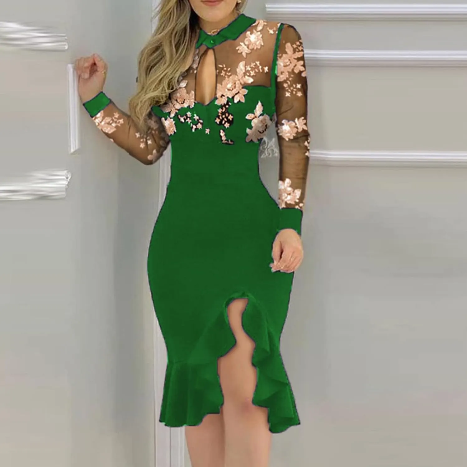 Black Dresses for Women Slit Ruffles Hem Floral Pattern Party Dress Woman Slimming Lace Long Sleeve Bodycon Dress,