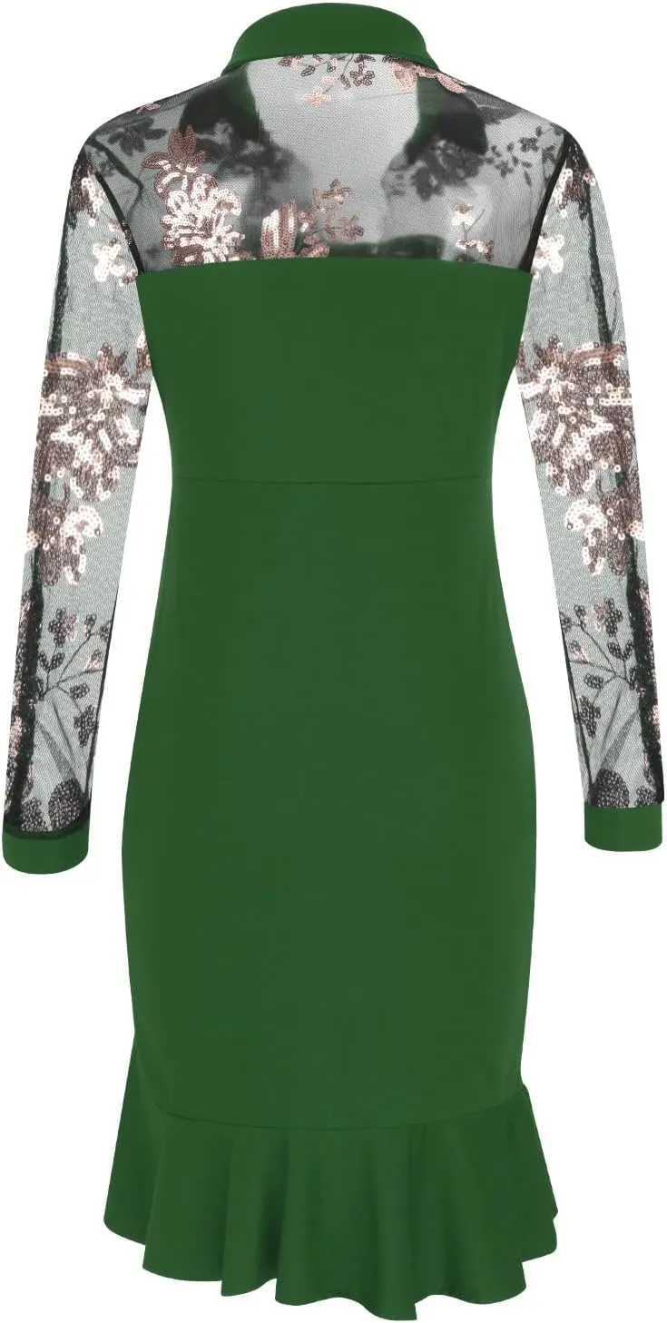 Black Dresses for Women Slit Ruffles Hem Floral Pattern Party Dress Woman Slimming Lace Long Sleeve Bodycon Dress,