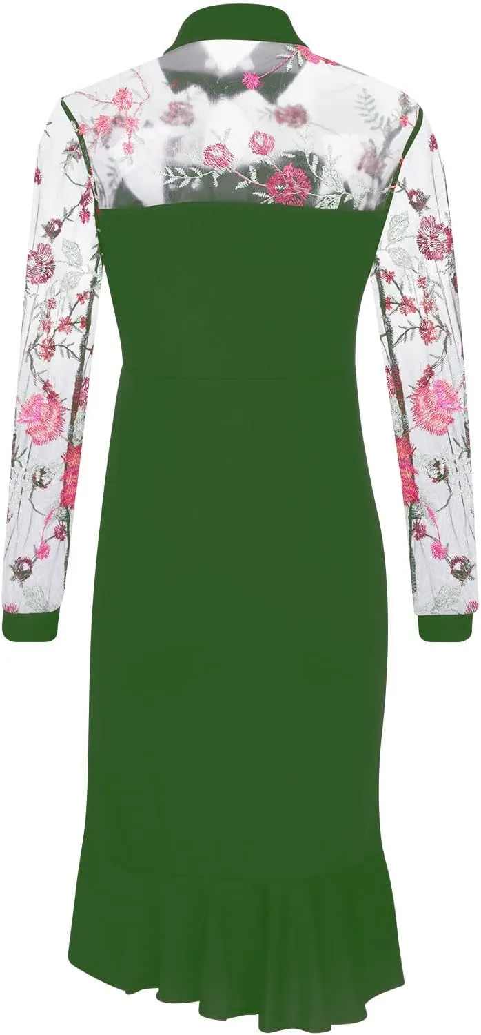 Black Dresses for Women Slit Ruffles Hem Floral Pattern Party Dress Woman Slimming Lace Long Sleeve Bodycon Dress,