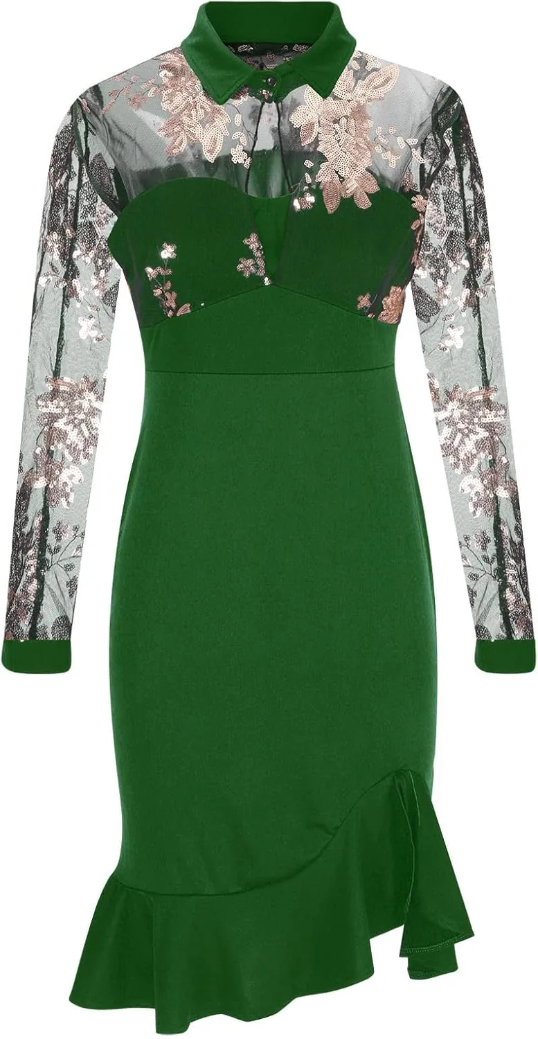 Black Dresses for Women Slit Ruffles Hem Floral Pattern Party Dress Woman Slimming Lace Long Sleeve Bodycon Dress,