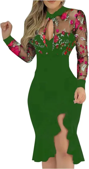 Black Dresses for Women Slit Ruffles Hem Floral Pattern Party Dress Woman Slimming Lace Long Sleeve Bodycon Dress,