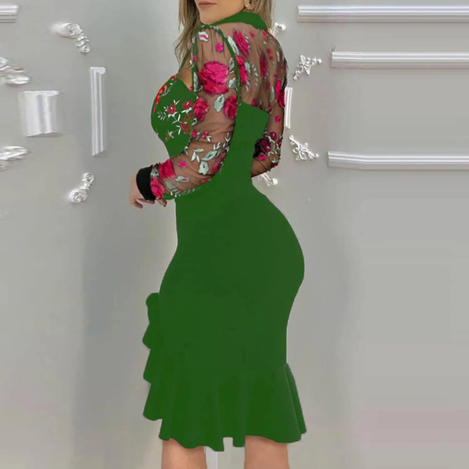 Black Dresses for Women Slit Ruffles Hem Floral Pattern Party Dress Woman Slimming Lace Long Sleeve Bodycon Dress,