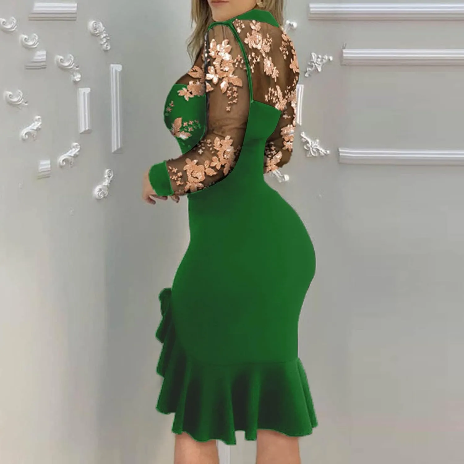 Black Dresses for Women Slit Ruffles Hem Floral Pattern Party Dress Woman Slimming Lace Long Sleeve Bodycon Dress,