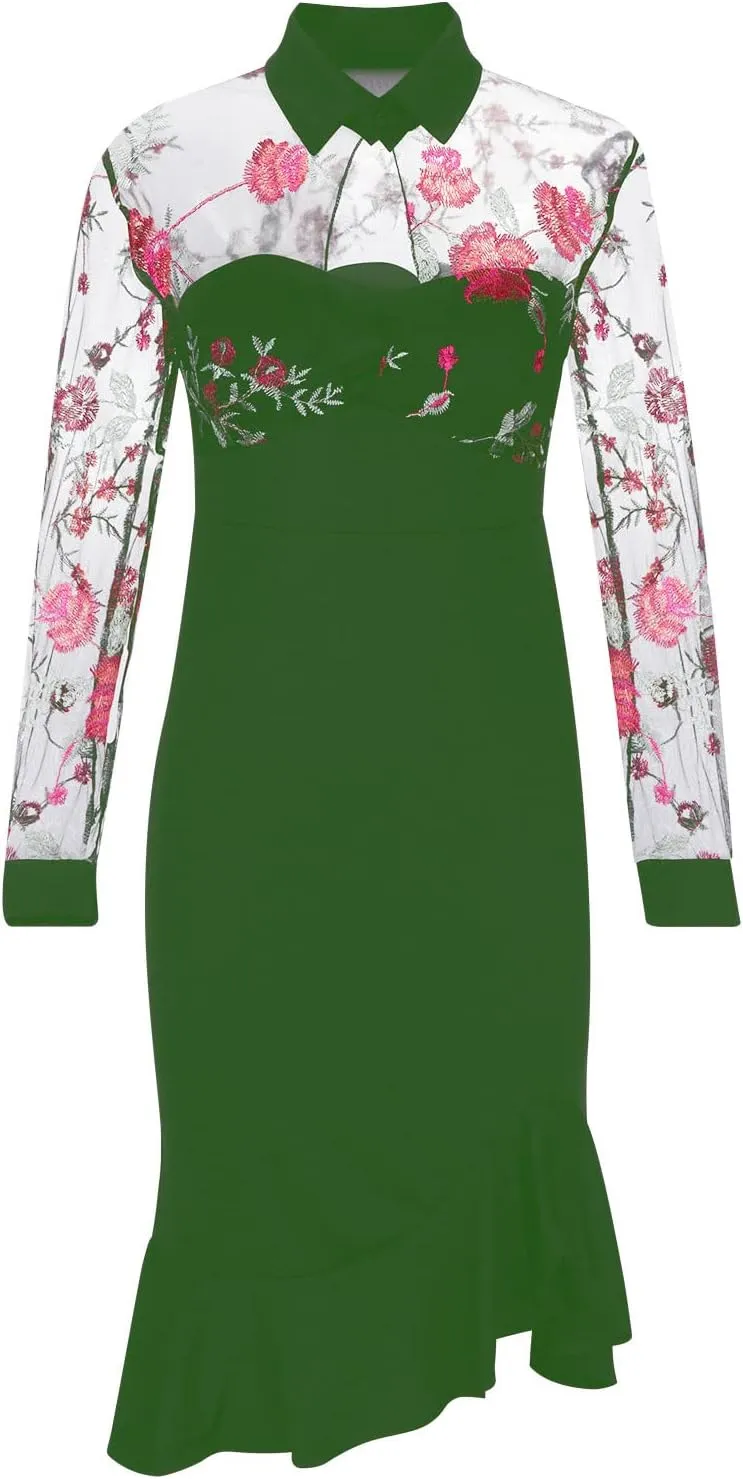 Black Dresses for Women Slit Ruffles Hem Floral Pattern Party Dress Woman Slimming Lace Long Sleeve Bodycon Dress,
