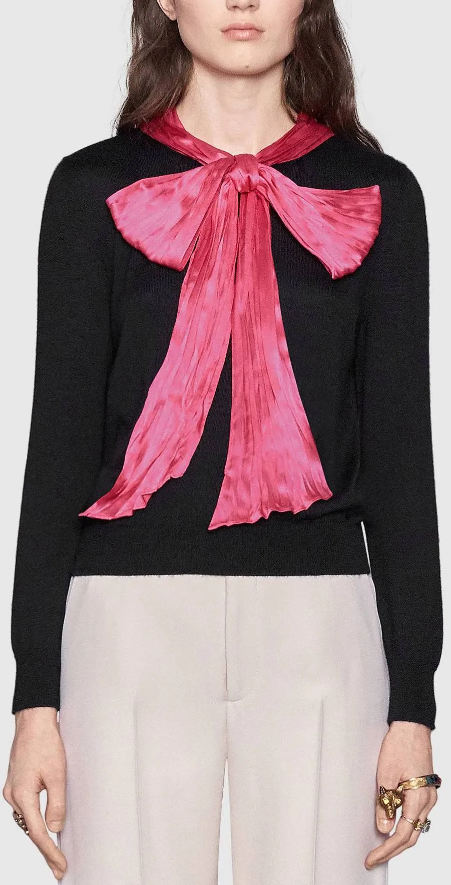 Black Knit Sweater with Contrasting Bow