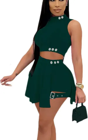 Bluewolfsea Womens Cute 2 Piece Outfits Summer Sleeveless Crop Top Pleated Mini Skirt Set Ruffle Shorts Set