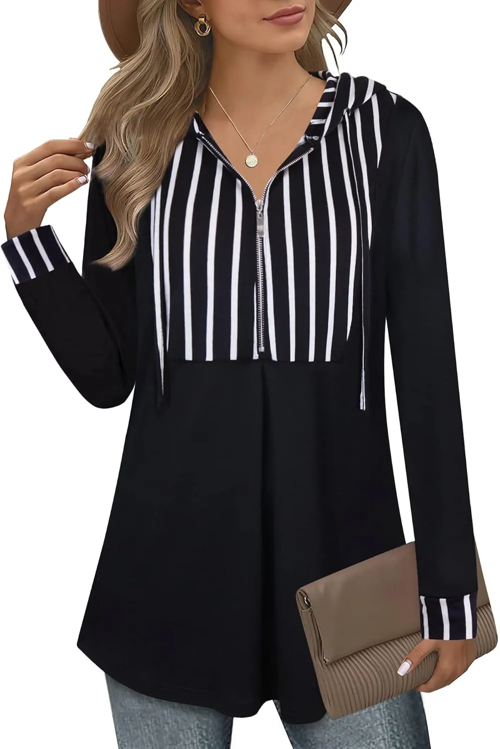 Bulotus Women's Quarter Zip Hoodies Pullover Long Sleeve Color Block Tunic Tops Drawstring Lightweight Sweatshirts