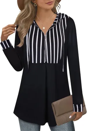 Bulotus Women's Quarter Zip Hoodies Pullover Long Sleeve Color Block Tunic Tops Drawstring Lightweight Sweatshirts