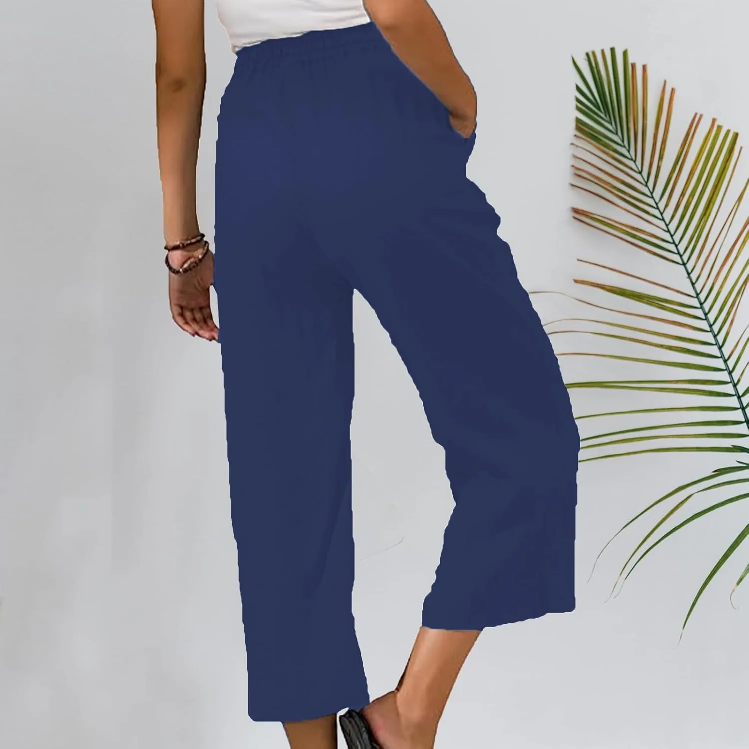 Capri Pants for Women 2025 Summer Drawstring Elastic High Waist Casual Capris Straight Wide Leg Cotton Linen Pants