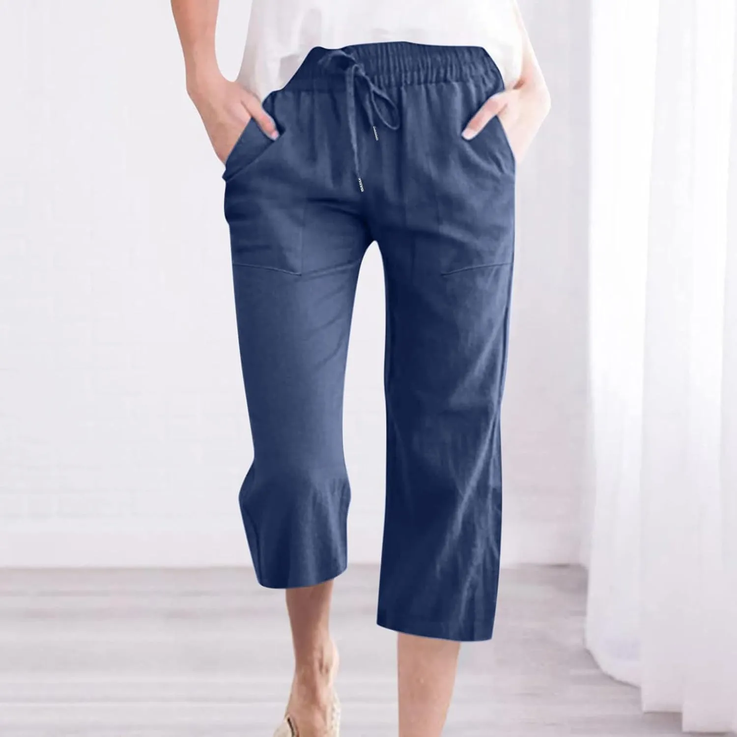 Capri Pants for Women 2025 Summer Drawstring Elastic High Waist Casual Capris Straight Wide Leg Cotton Linen Pants
