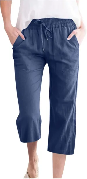 Capri Pants for Women 2025 Summer Drawstring Elastic High Waist Casual Capris Straight Wide Leg Cotton Linen Pants