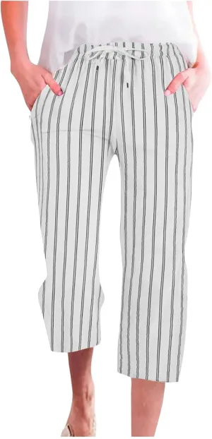 Capris for Women Fashion Casual Stripe Elastic Loose Pants Straight Wide Leg Trousers Womens Beach Vacation Outfits