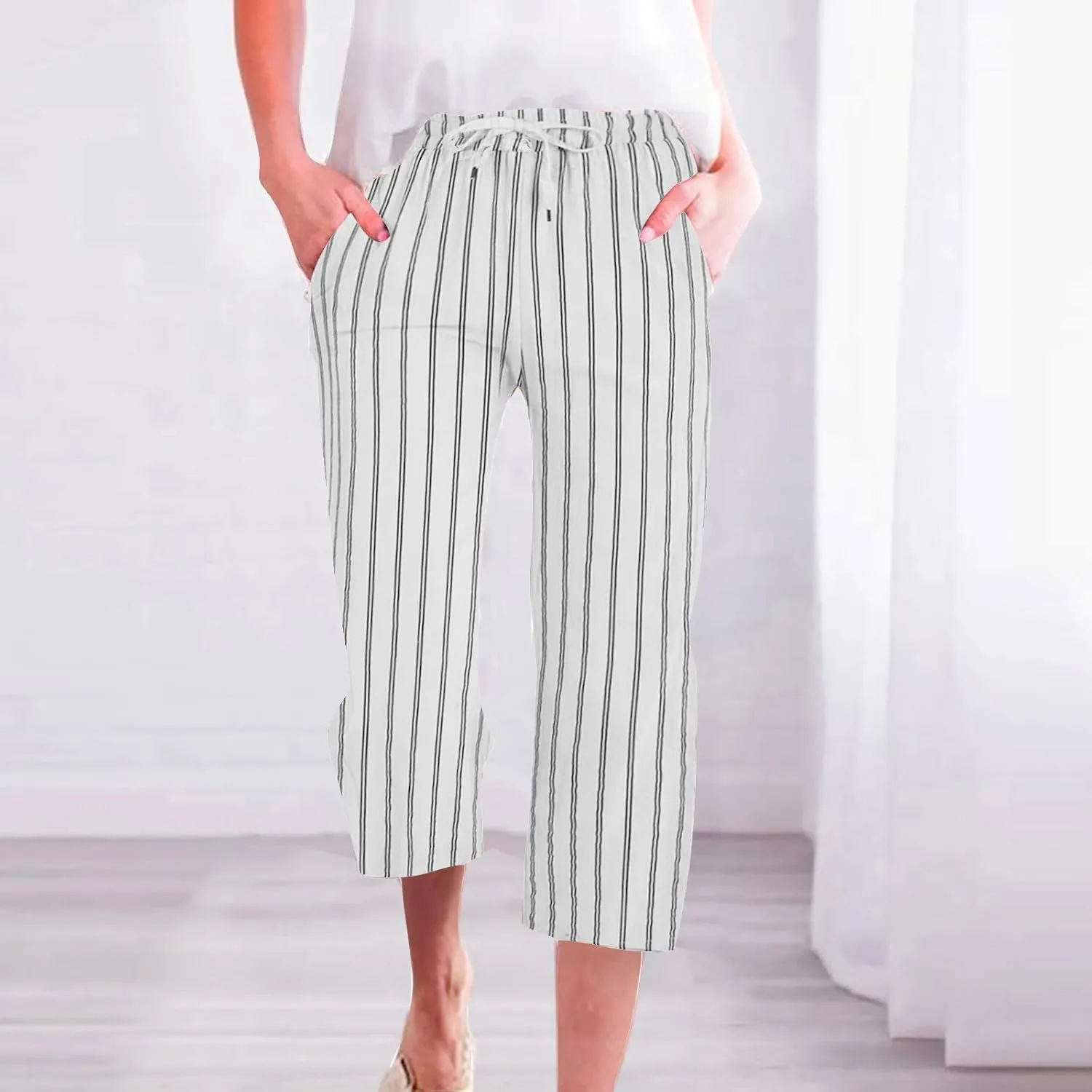 Capris for Women Fashion Casual Stripe Elastic Loose Pants Straight Wide Leg Trousers Womens Beach Vacation Outfits