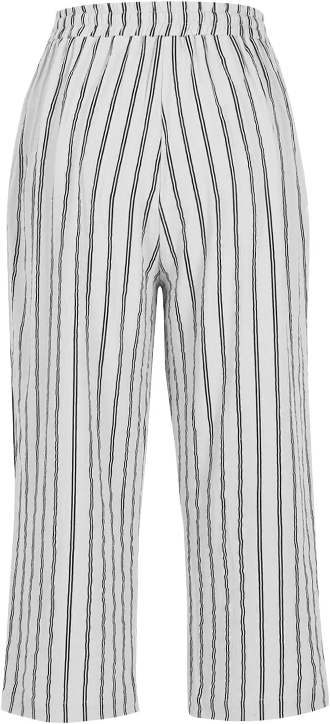 Capris for Women Fashion Casual Stripe Elastic Loose Pants Straight Wide Leg Trousers Womens Beach Vacation Outfits