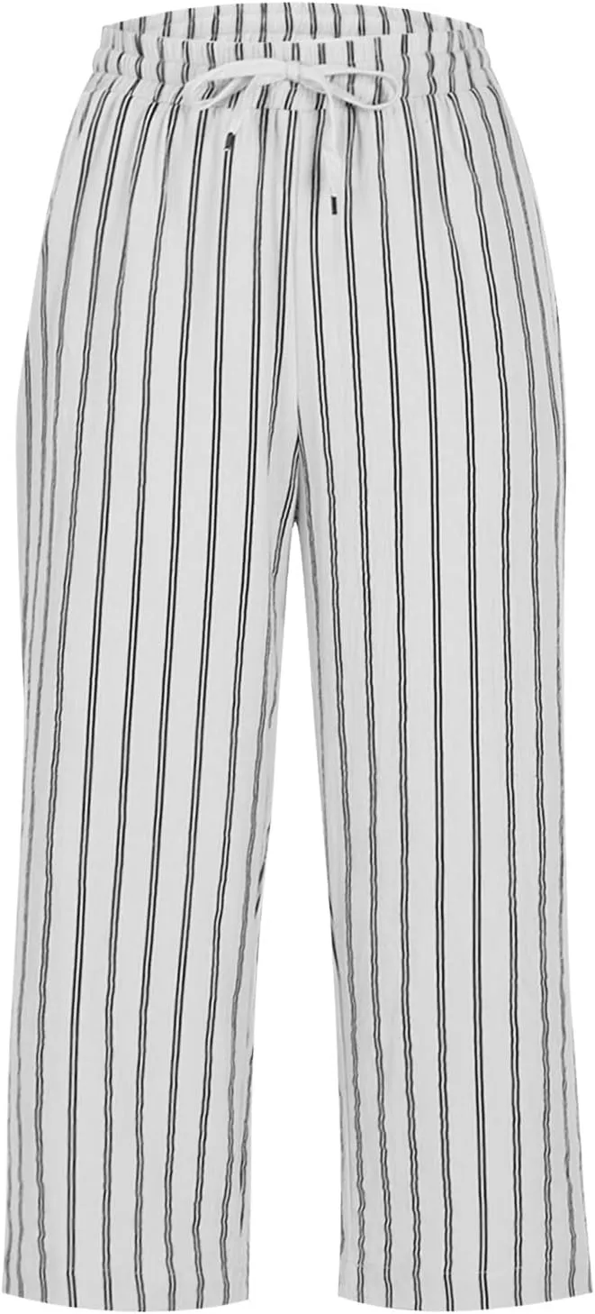 Capris for Women Fashion Casual Stripe Elastic Loose Pants Straight Wide Leg Trousers Womens Beach Vacation Outfits