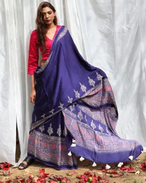 Chidiyaa Blue Modal Silk Saree with Unstitched Blouse