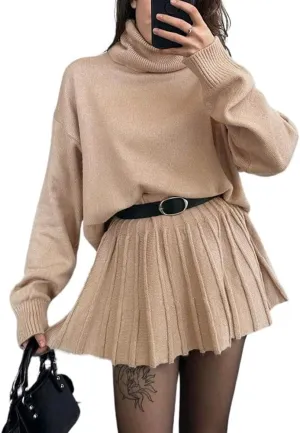 chouyatou Women's 2 Piece Sweater Skirt Sets Turtleneck Pullover Tops Mini Pleated Skirt Two Piece Knitted Outfits