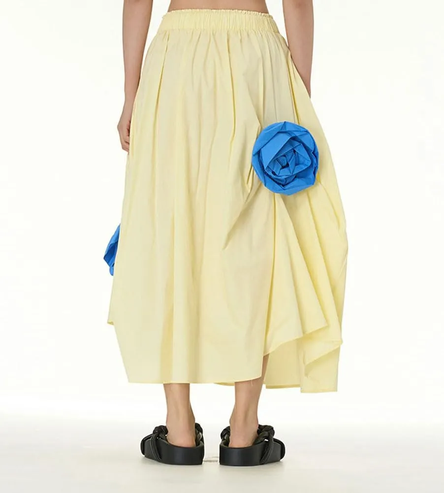 chouyatou Women's Cute 3D Floral Applique Baggy Skirt Elastic Waist Irregular Swing Midi Long Skirt with Pockets