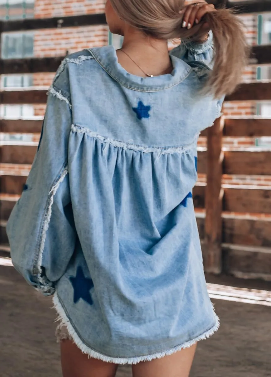 chouyatou Women's Fall Distressed Oversized Denim Jacket Star Printed Button Down Jean Jacket Shacket