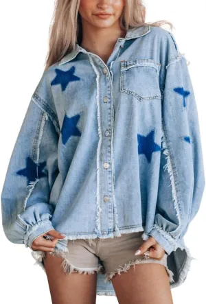 chouyatou Women's Fall Distressed Oversized Denim Jacket Star Printed Button Down Jean Jacket Shacket