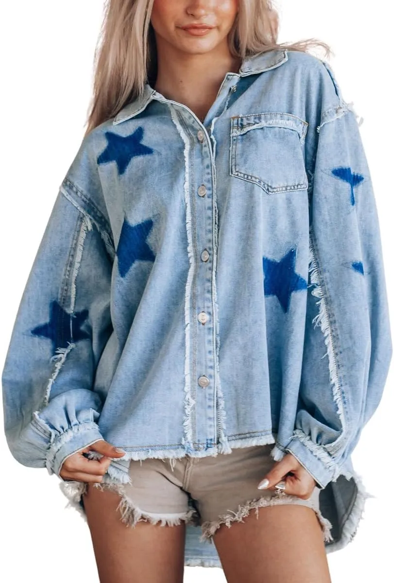 chouyatou Women's Fall Distressed Oversized Denim Jacket Star Printed Button Down Jean Jacket Shacket
