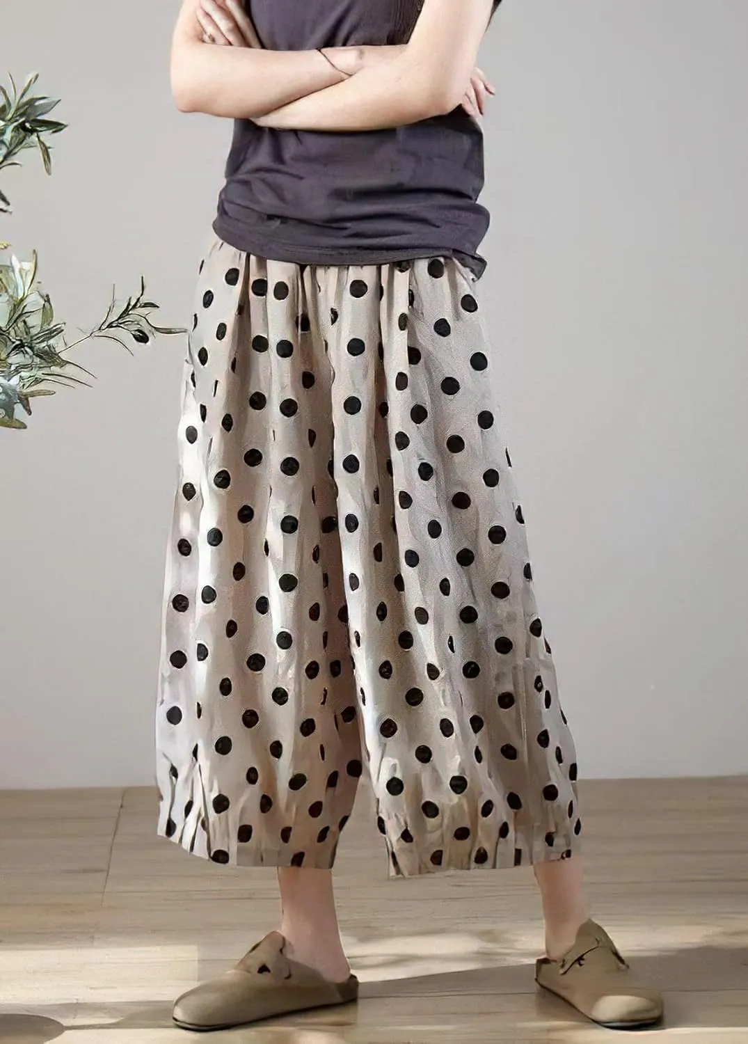 chouyatou Women's Polka Dot Print Elastic Waist Wide Leg Cotton Linen Pants Floral Capri Palazzo Trousers