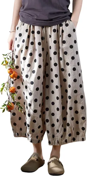 chouyatou Women's Polka Dot Print Elastic Waist Wide Leg Cotton Linen Pants Floral Capri Palazzo Trousers