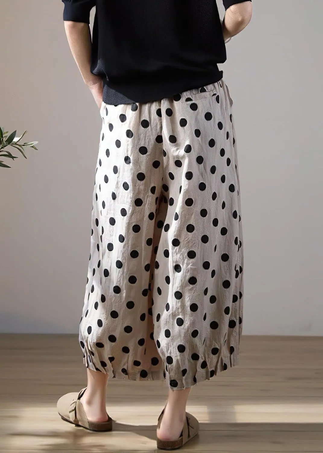 chouyatou Women's Polka Dot Print Elastic Waist Wide Leg Cotton Linen Pants Floral Capri Palazzo Trousers
