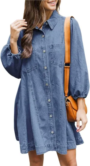 chouyatou Women's Summer 3/4 Sleeve Denim Shirt Dress Business Casual Button Down Midi Long Jean Tunic Dress