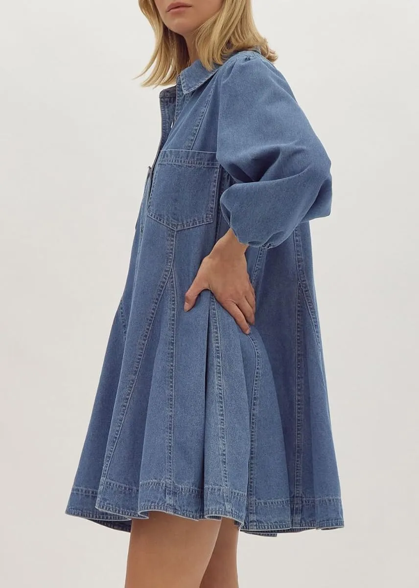 chouyatou Women's Summer 3/4 Sleeve Denim Shirt Dress Business Casual Button Down Midi Long Jean Tunic Dress