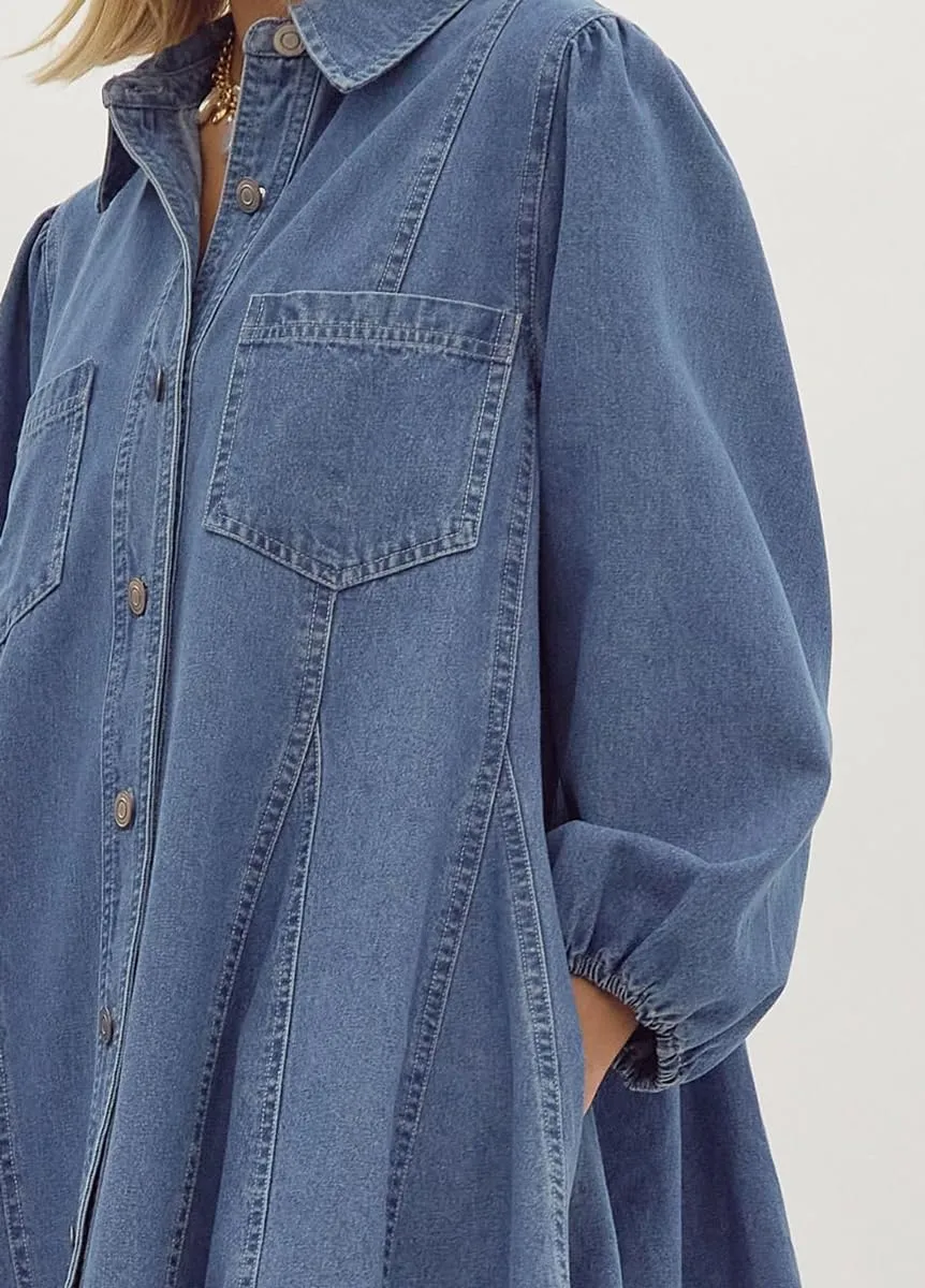 chouyatou Women's Summer 3/4 Sleeve Denim Shirt Dress Business Casual Button Down Midi Long Jean Tunic Dress