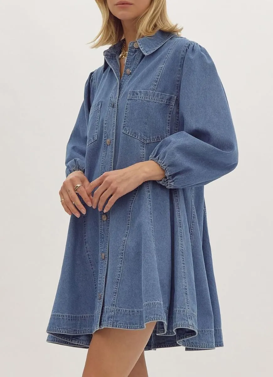chouyatou Women's Summer 3/4 Sleeve Denim Shirt Dress Business Casual Button Down Midi Long Jean Tunic Dress
