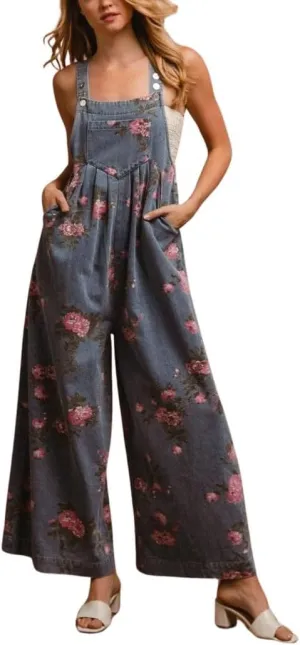 chouyatou Women's Summer Boho Floral Denim Bib Overalls Adjustable Strap Wide Leg Jumpsuits Jeans with Pockets