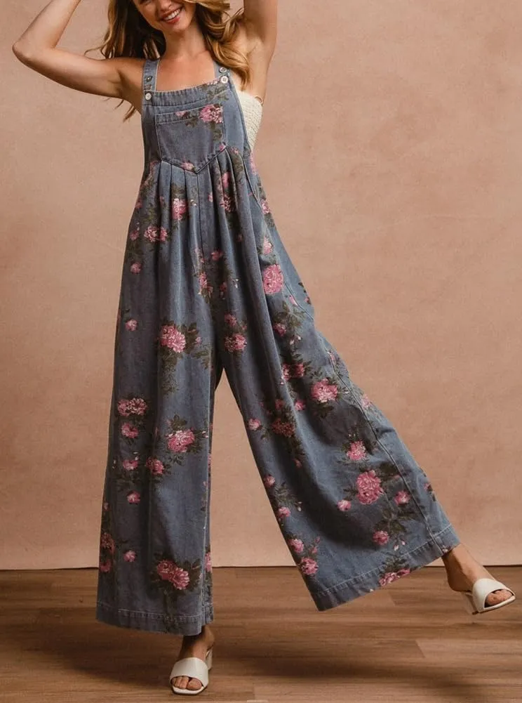 chouyatou Women's Summer Boho Floral Denim Bib Overalls Adjustable Strap Wide Leg Jumpsuits Jeans with Pockets