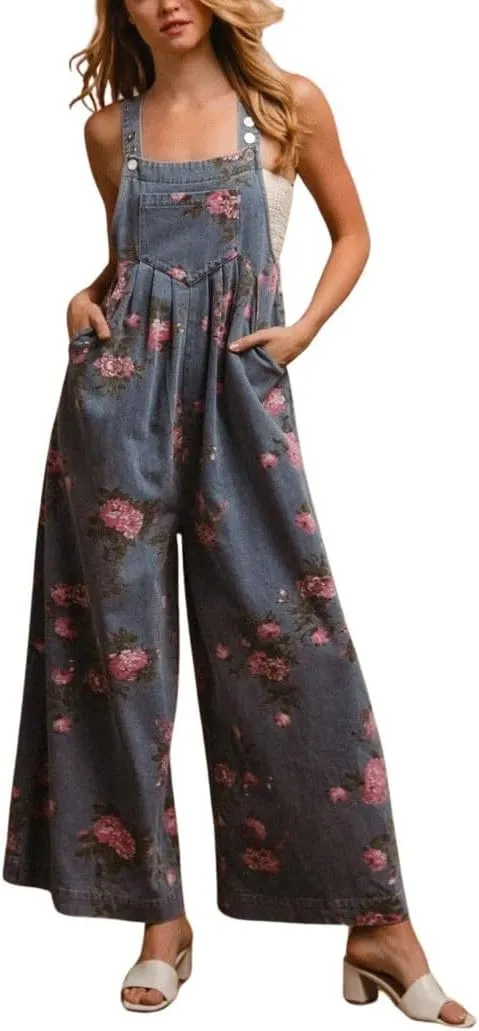 chouyatou Women's Summer Boho Floral Denim Bib Overalls Adjustable Strap Wide Leg Jumpsuits Jeans with Pockets