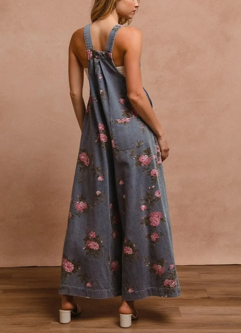 chouyatou Women's Summer Boho Floral Denim Bib Overalls Adjustable Strap Wide Leg Jumpsuits Jeans with Pockets