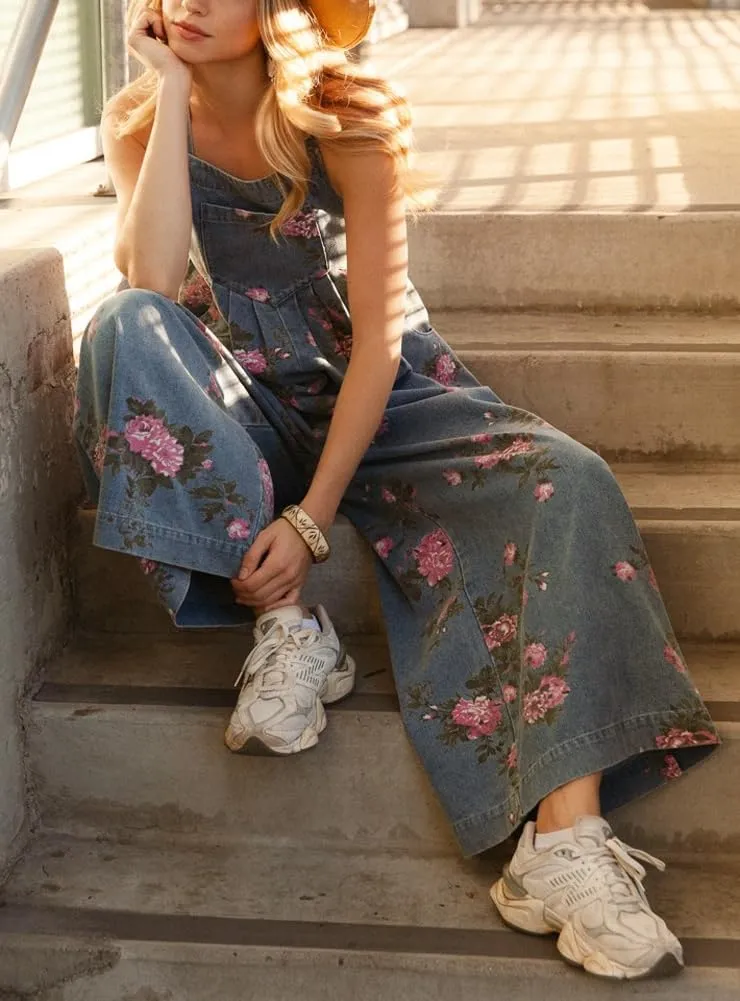 chouyatou Women's Summer Boho Floral Denim Bib Overalls Adjustable Strap Wide Leg Jumpsuits Jeans with Pockets