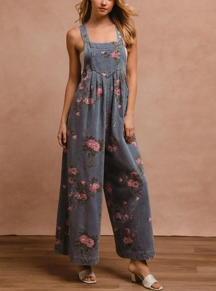 chouyatou Women's Summer Boho Floral Denim Bib Overalls Adjustable Strap Wide Leg Jumpsuits Jeans with Pockets