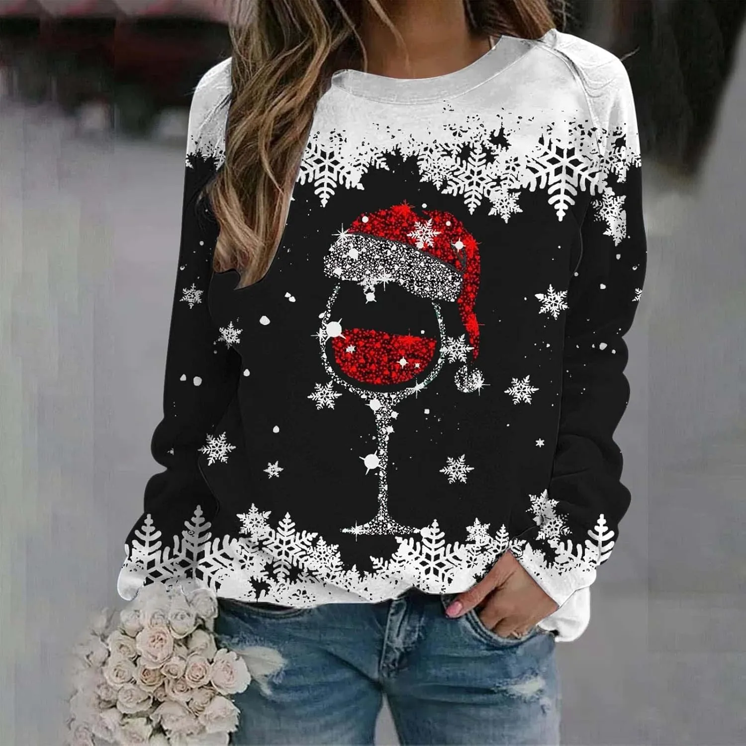 Christmas Sweatshirts for Women 2024 Fleece Graphic Oversized Crewneck Sweatshirt Casual Long Sleeve Tops Pullover