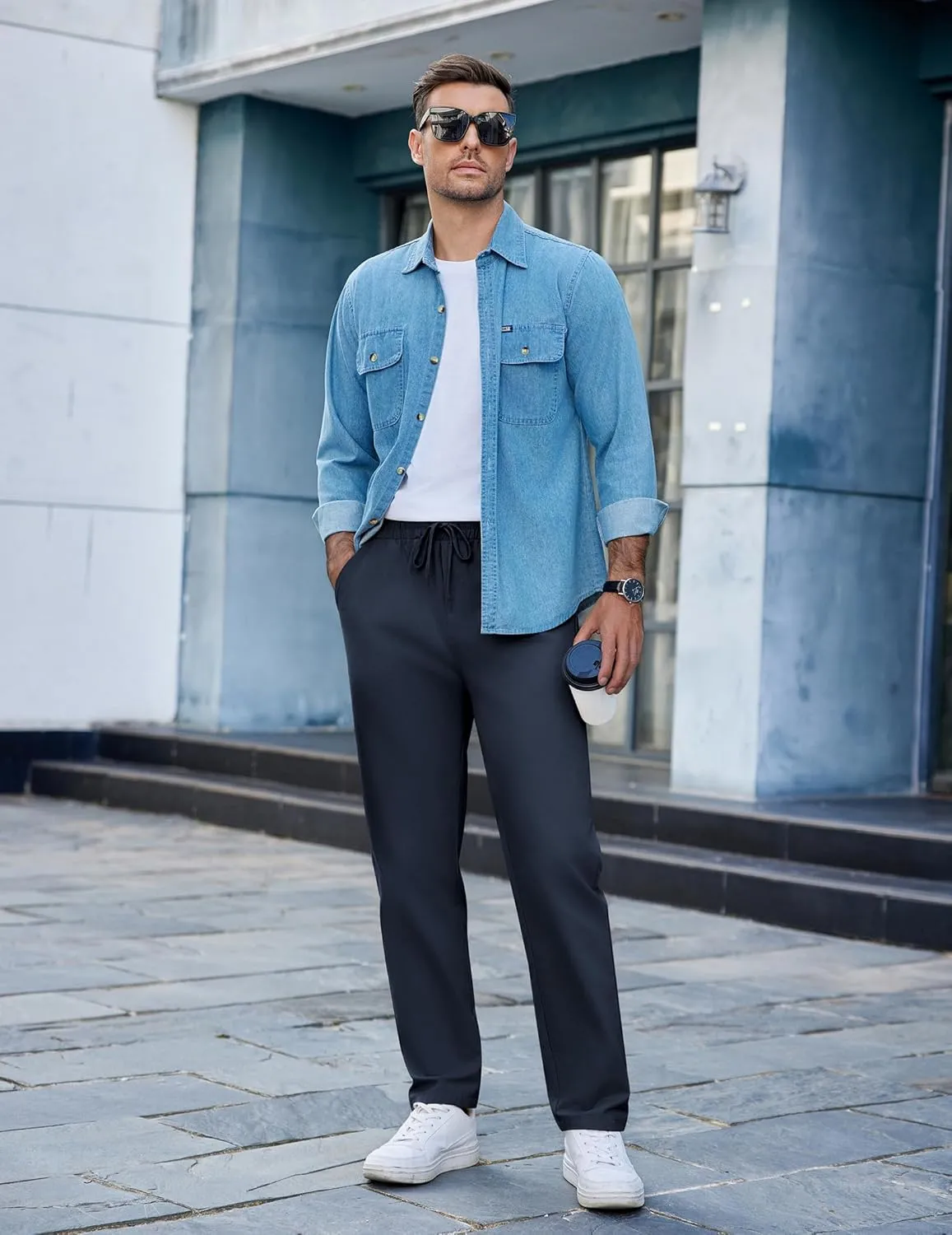 COOFANDY Men's Casual Cotton Pants Regular Fit Elastic Waist Drawstring Twill Pants Straight Leg Chino Pants