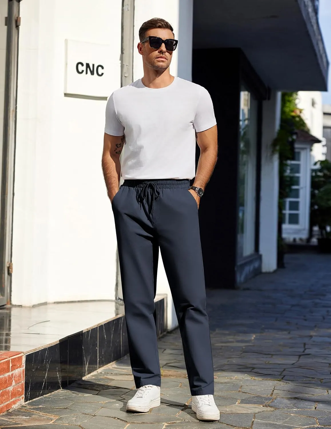 COOFANDY Men's Casual Cotton Pants Regular Fit Elastic Waist Drawstring Twill Pants Straight Leg Chino Pants