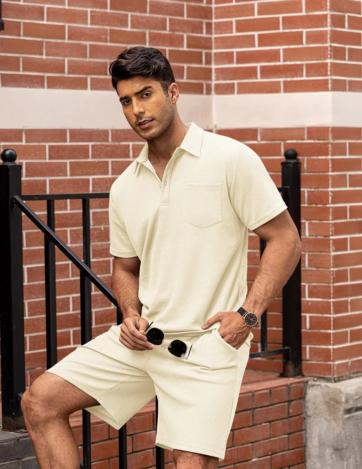 COOFANDY Men's Waffle Knit Polo Shirt and Shorts Set 2 Pieces Outfits Summer Suit Casual Tracksuit with Pockets