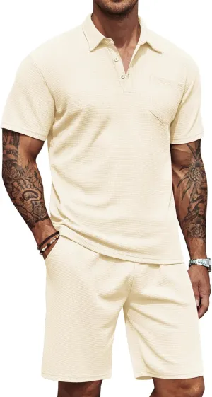 COOFANDY Men's Waffle Knit Polo Shirt and Shorts Set 2 Pieces Outfits Summer Suit Casual Tracksuit with Pockets