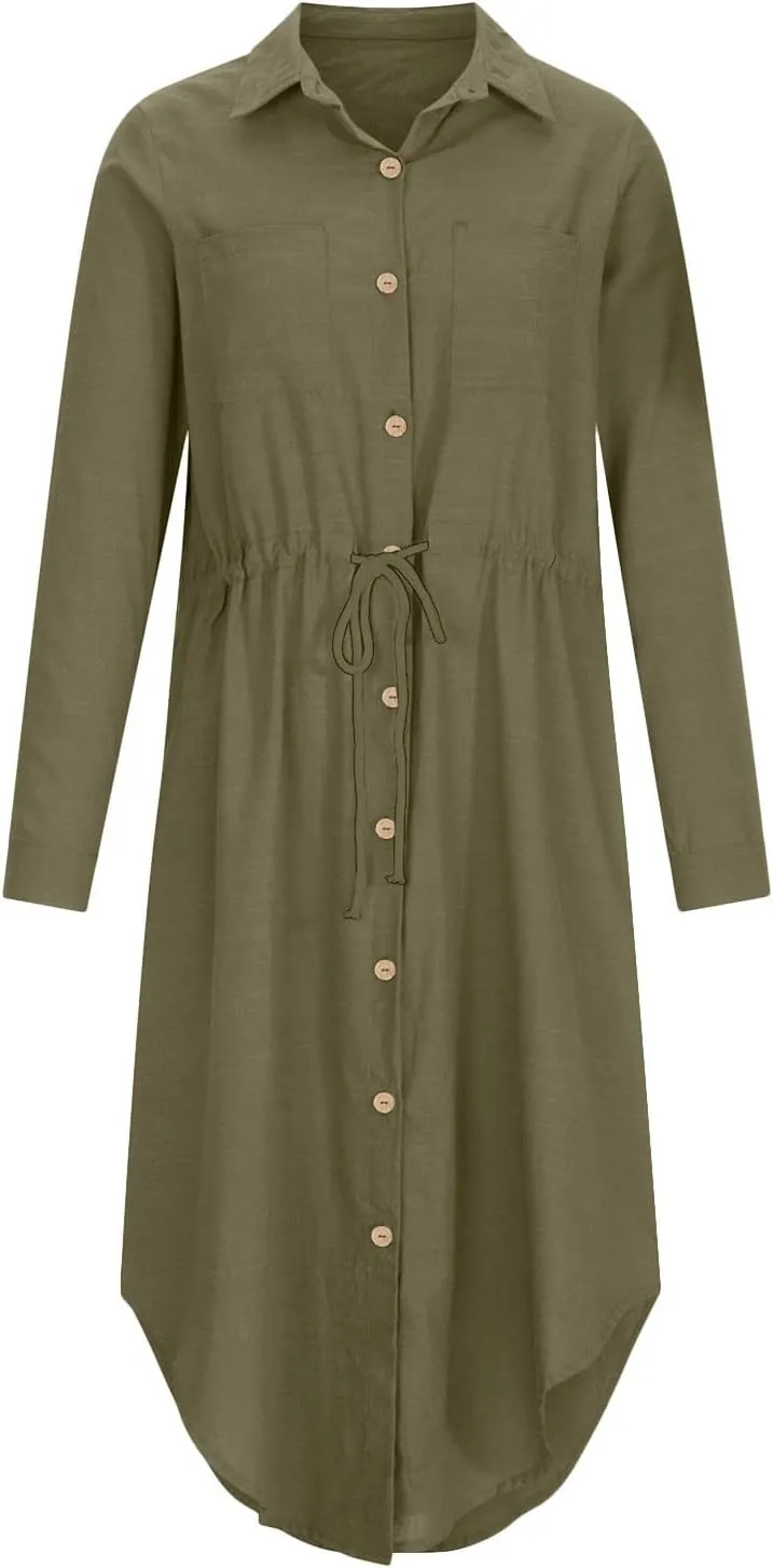Cotton Linen Dresses for Women 2025 Casual Spring Loose Lapel Drawstring Shirt Dress Solid Color Button Dress