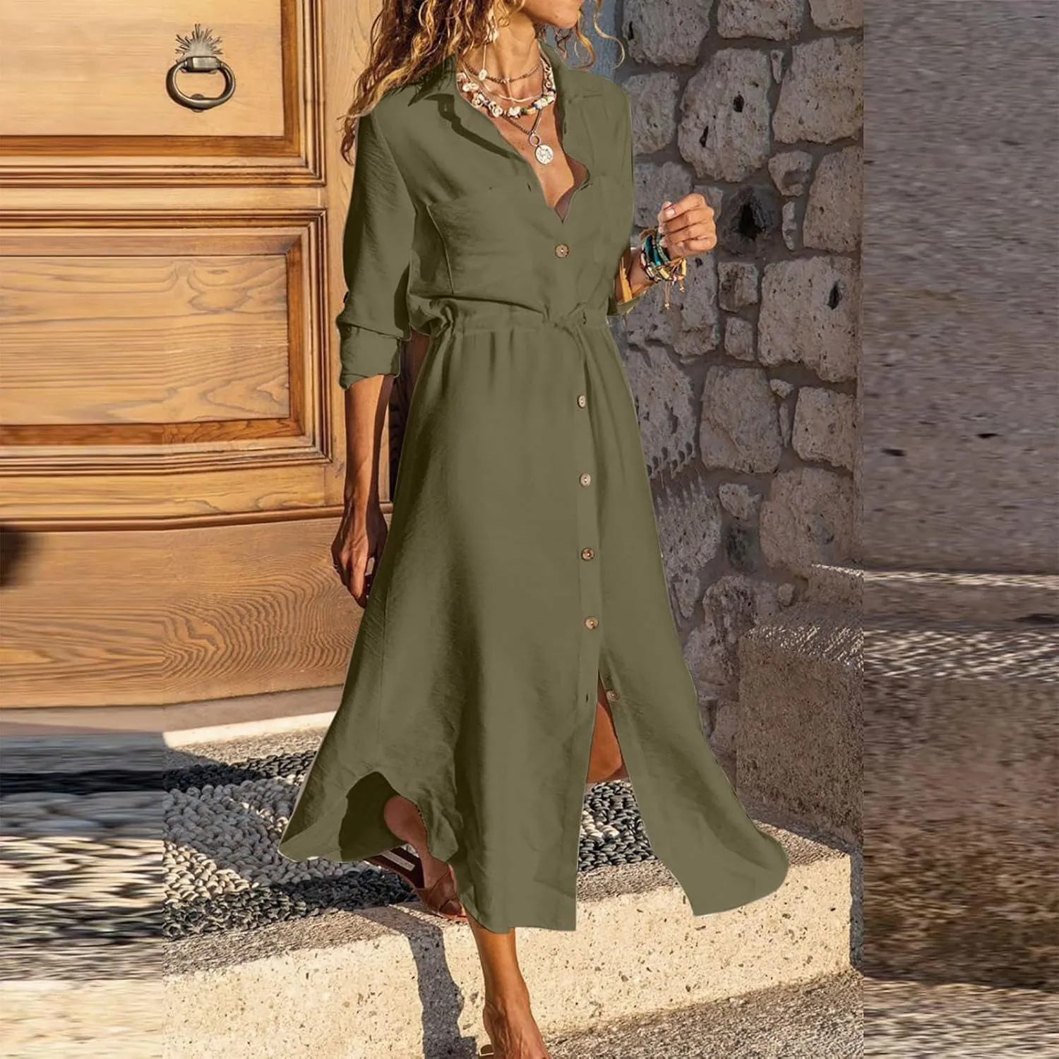 Cotton Linen Dresses for Women 2025 Casual Spring Loose Lapel Drawstring Shirt Dress Solid Color Button Dress