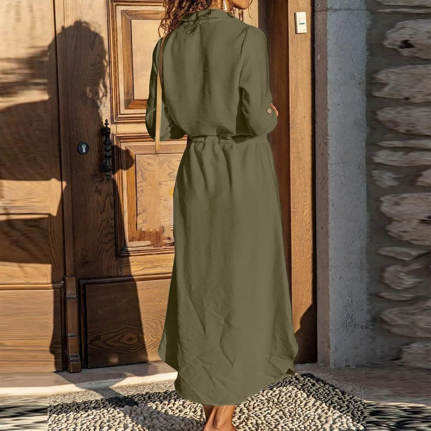 Cotton Linen Dresses for Women 2025 Casual Spring Loose Lapel Drawstring Shirt Dress Solid Color Button Dress