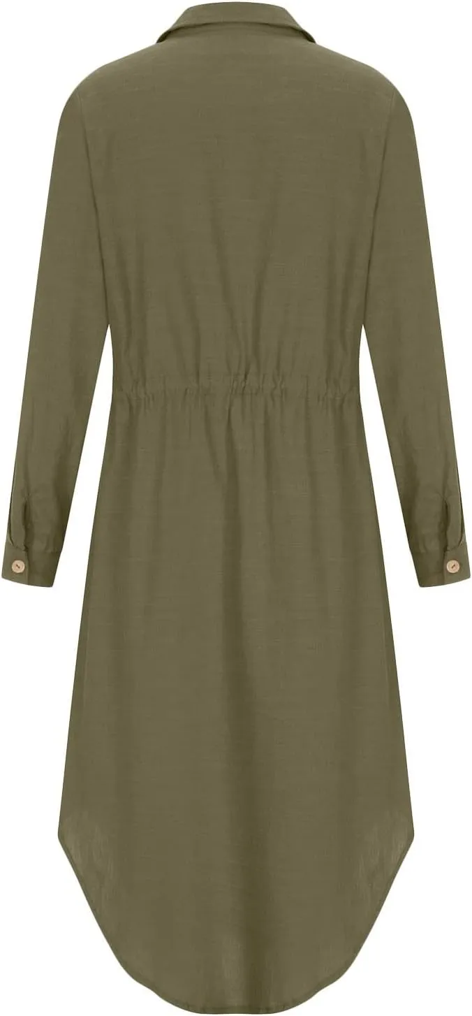 Cotton Linen Dresses for Women 2025 Casual Spring Loose Lapel Drawstring Shirt Dress Solid Color Button Dress
